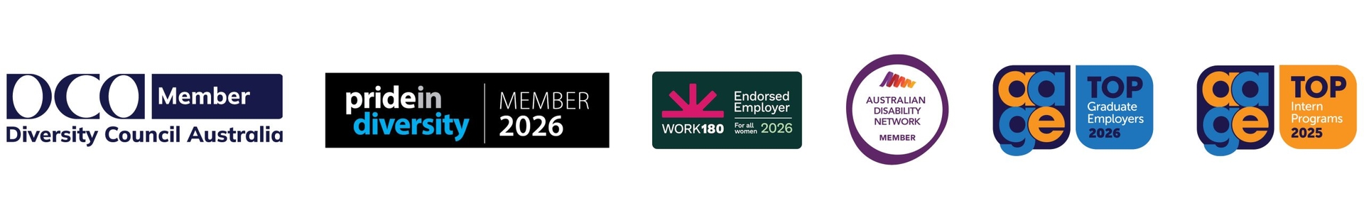 badges of accreditation and memberships including memberships of Diversity Council Australia, Pride in Diversity and the Australian Disability Network, WORK180 endorsed employer, Top Intern Program for 2025 and Top Graduate Program for 2026.